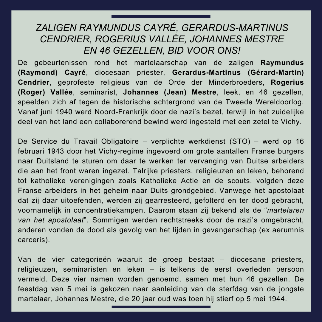 Zalige Raymond Cayré, Gérard-Martin Cendrier, Roger Vallée, Jean Mestre en 46 gezellen