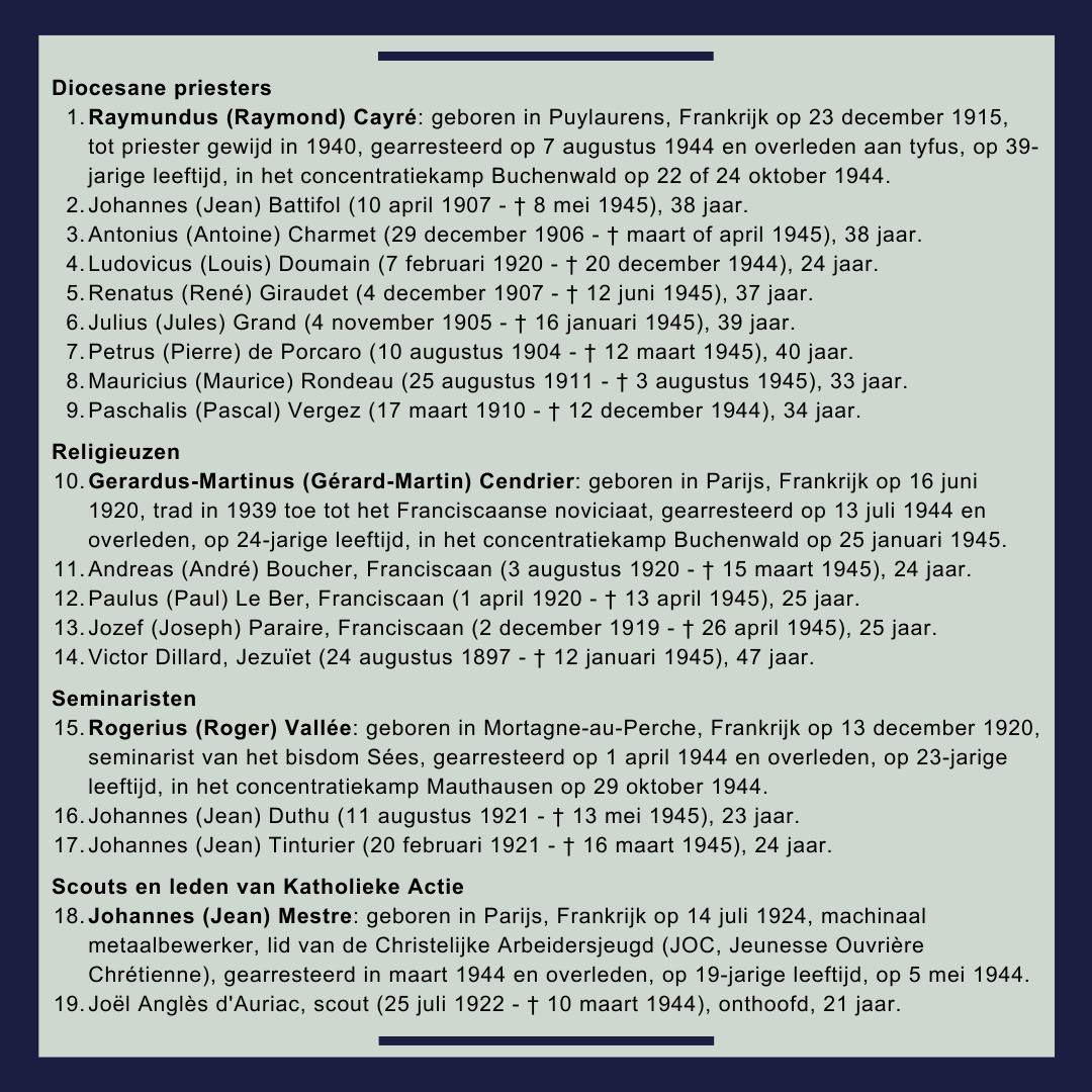 Zalige Raymond Cayré, Gérard-Martin Cendrier, Roger Vallée, Jean Mestre en 46 gezellen